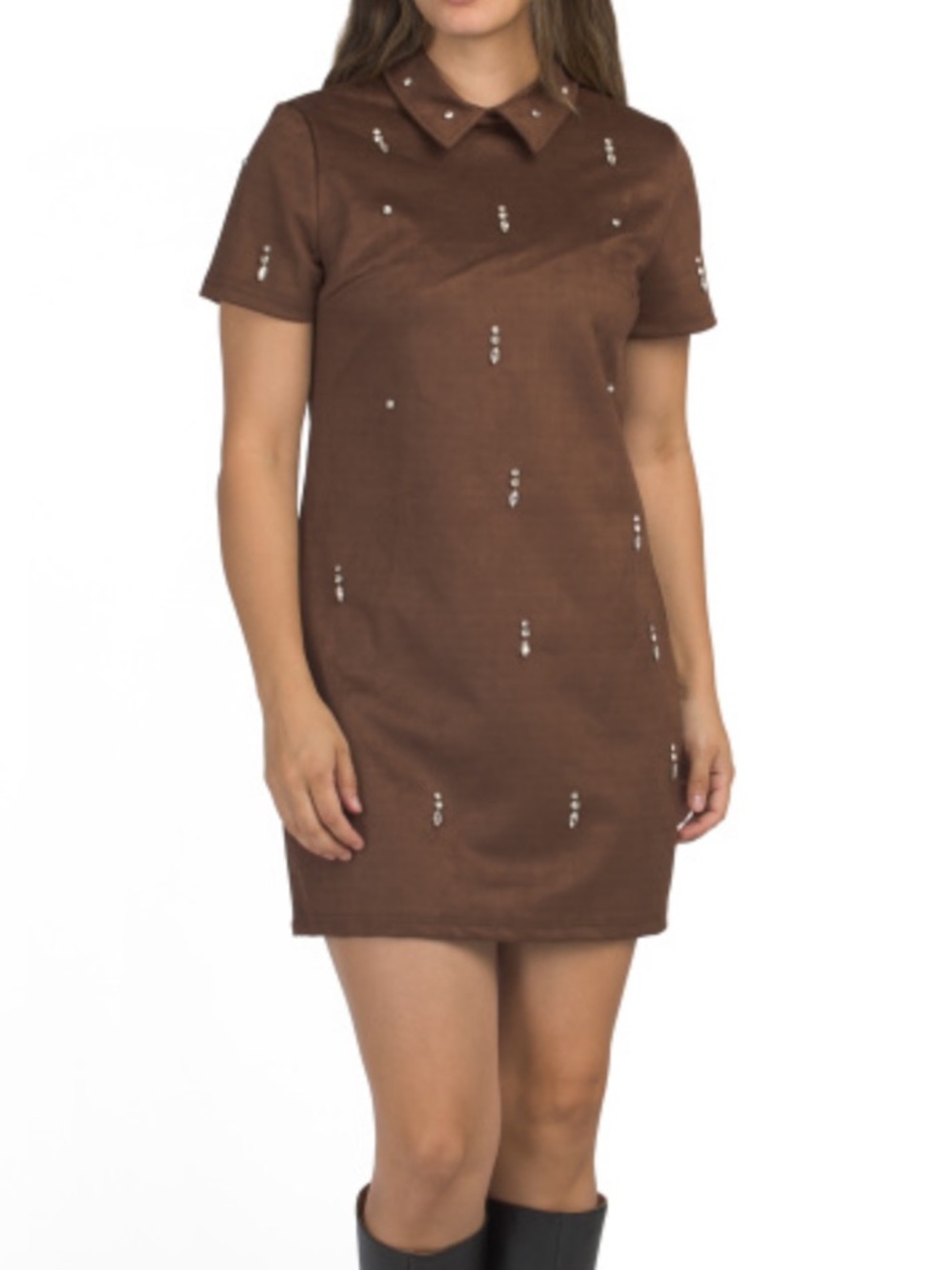 Ellen Tracy Brown Short Sleeve Jewel-Embellished Mini Dress